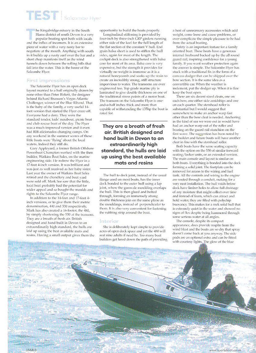 Two people on a black and white motorboat, moving on choppy water, with a partial view of a printed article.