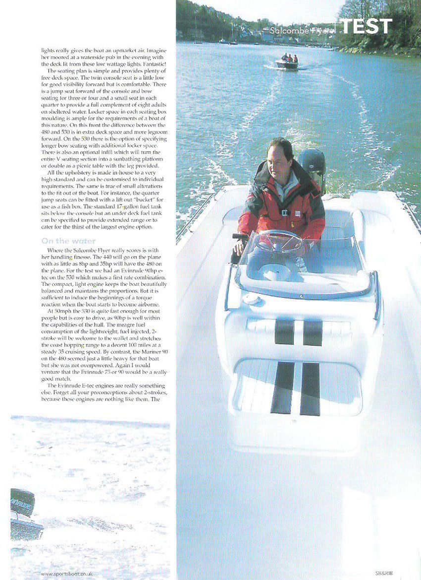 Man piloting a white speedboat on water, text 