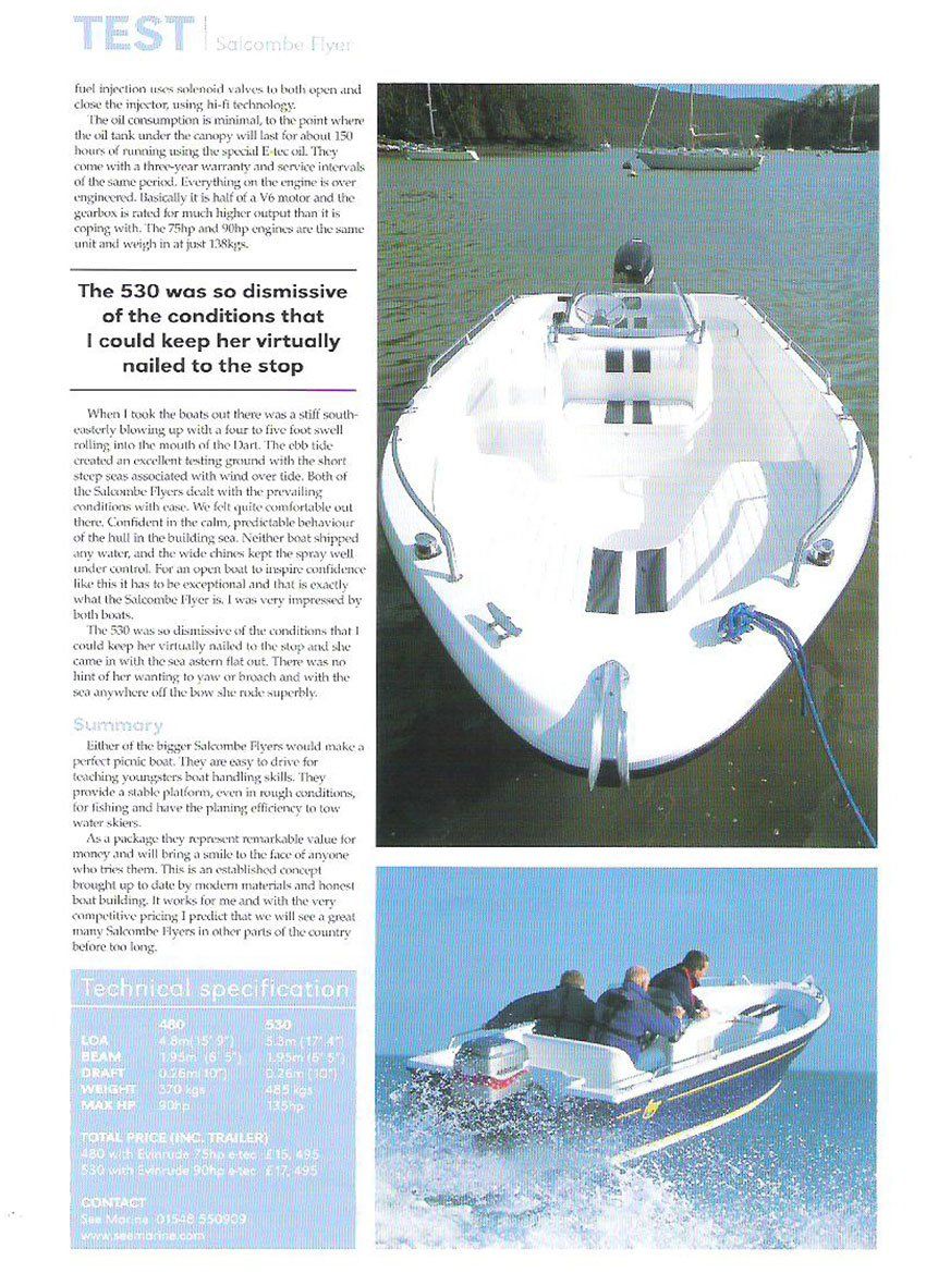 White boat in water, text on left. Second boat in action, blue and white with three people.