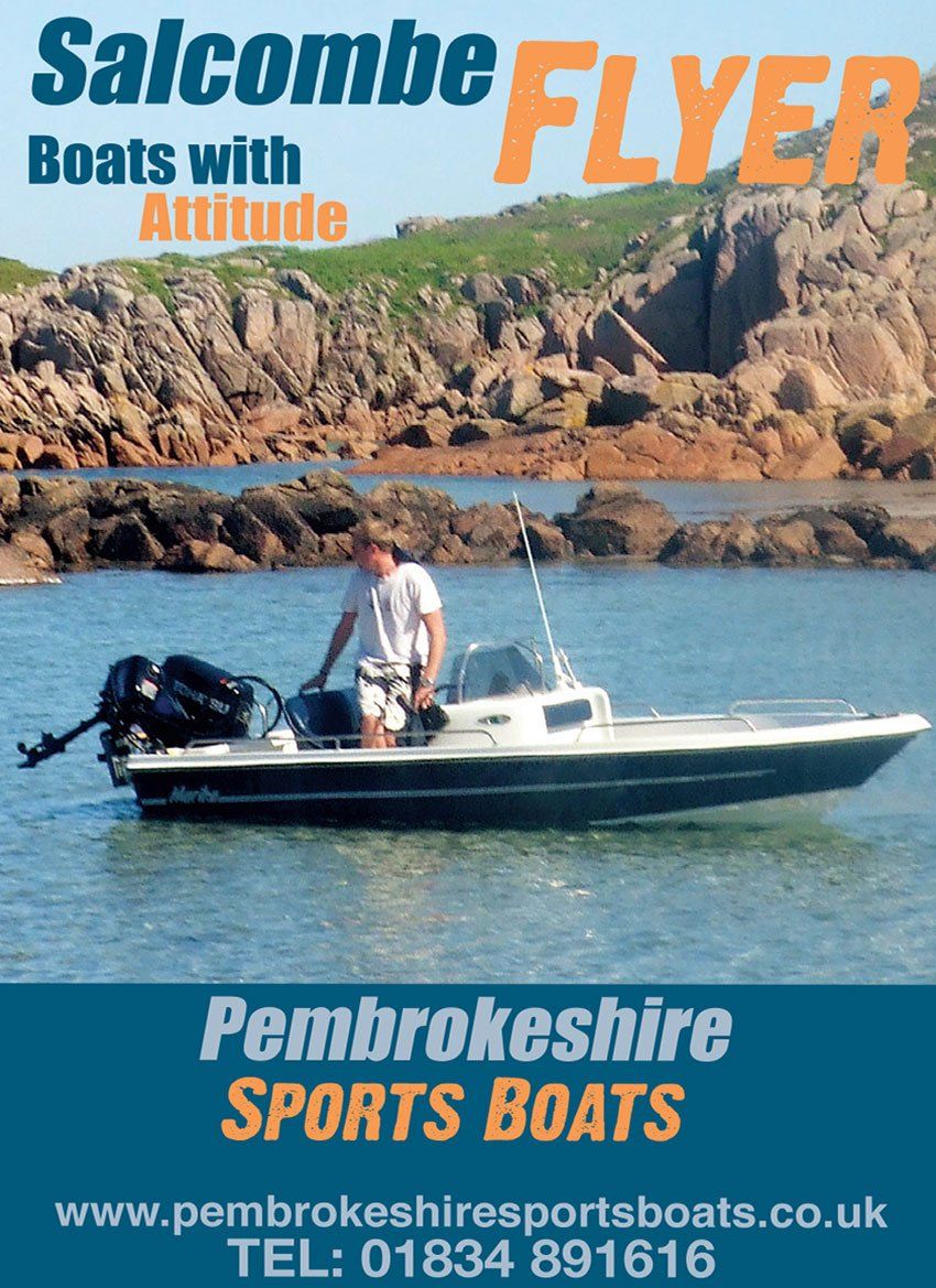 Salcombe Flyer boats advertisement. Man in small boat on water near rocks.