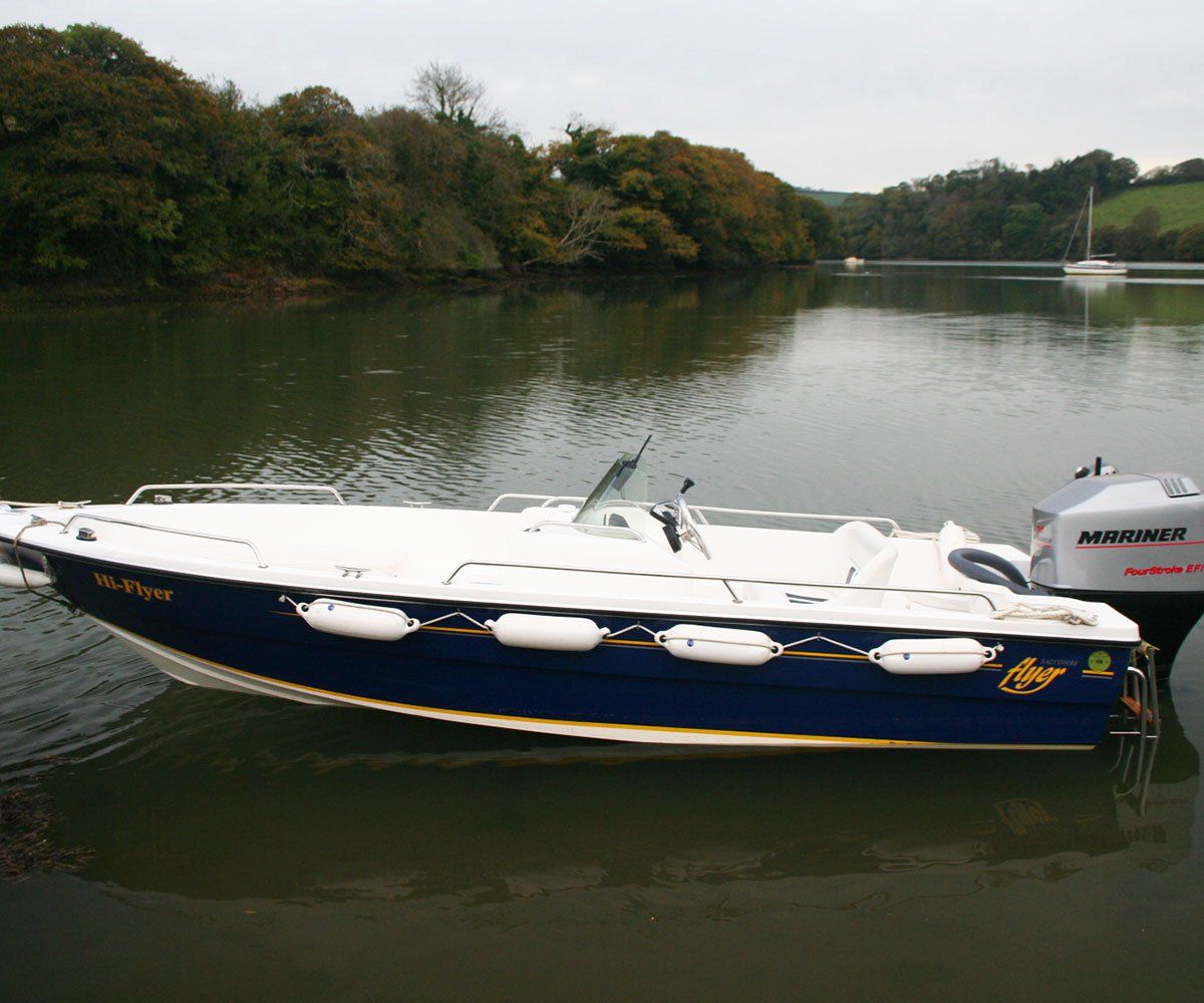 Blue and white motorboat floating on calm water, with a wooded shoreline in the background.