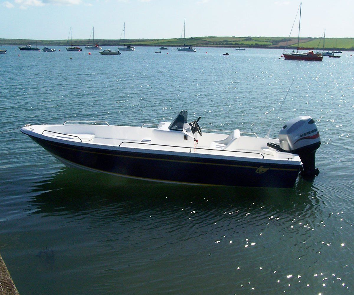 White speedboat with blue trim floats in water, other boats and coastline in the background.