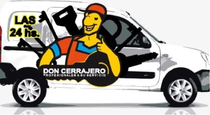 Furgoneta blanca con un personaje de dibujos animados de cerrajero, llaves y el texto 