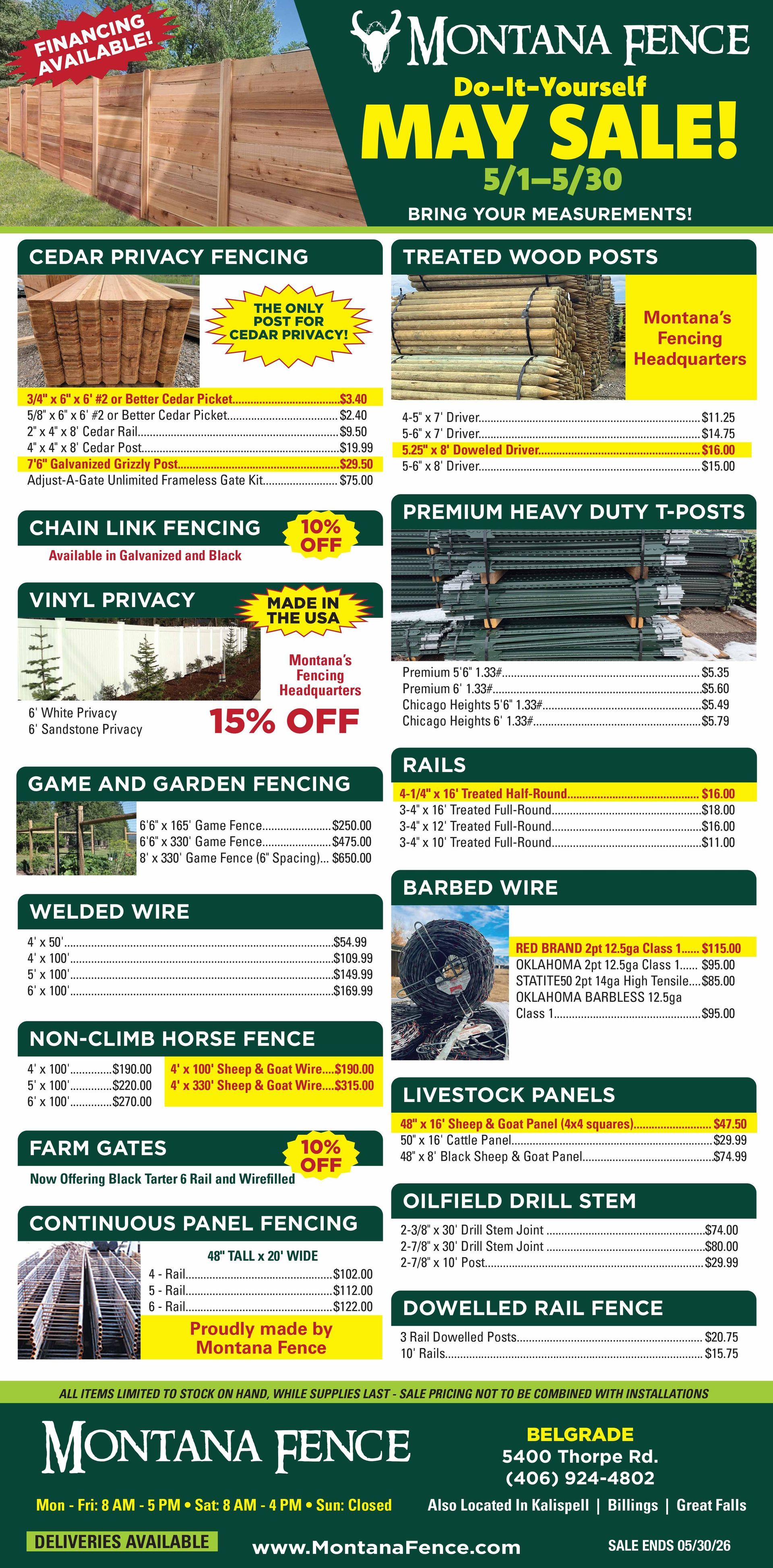 Montana Fence May sale flyer with product listings, prices, and green-and-yellow promotional banners.