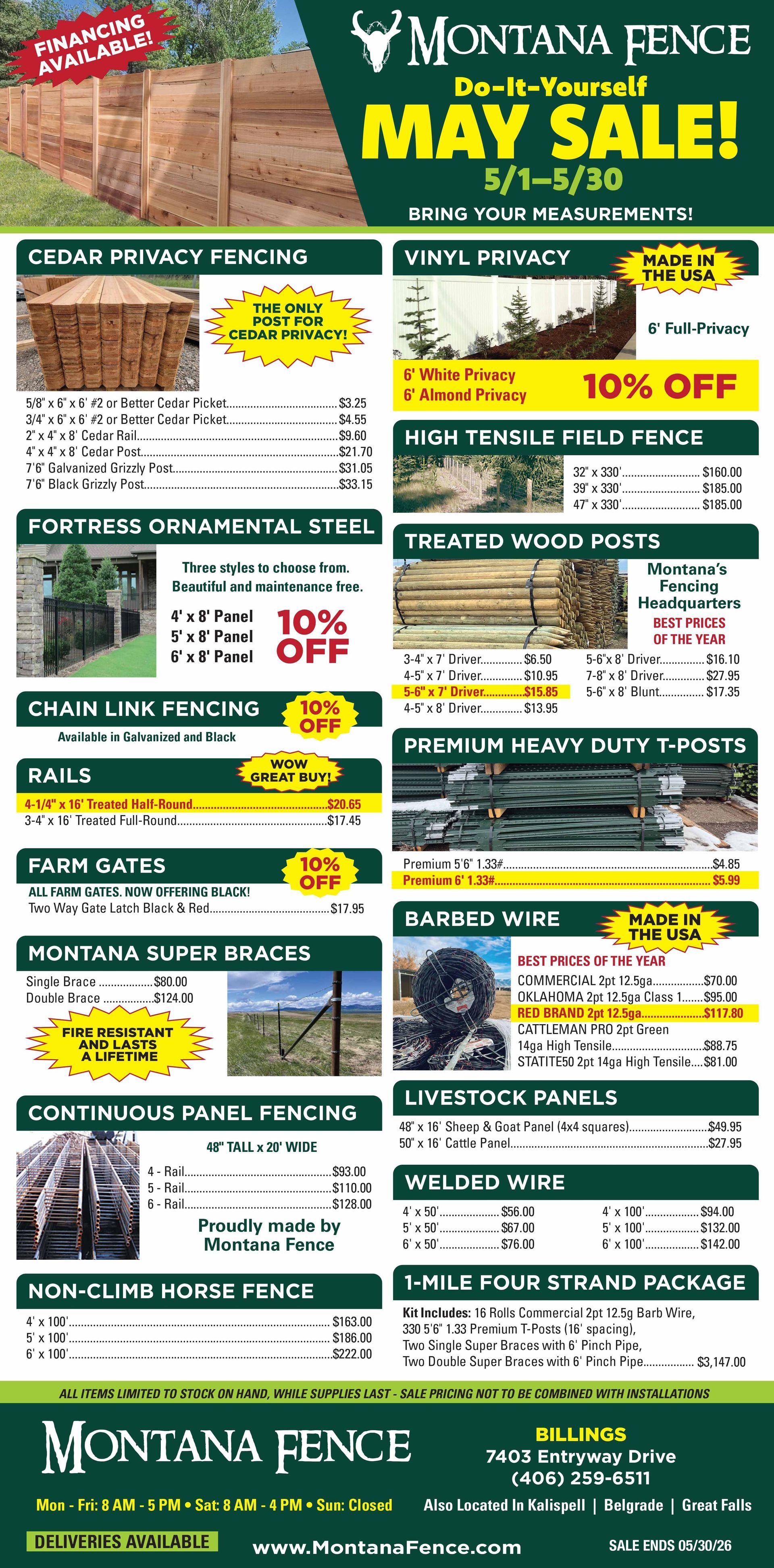 Montana Fence May sale flyer with green and yellow pricing boxes, product photos, and contact details