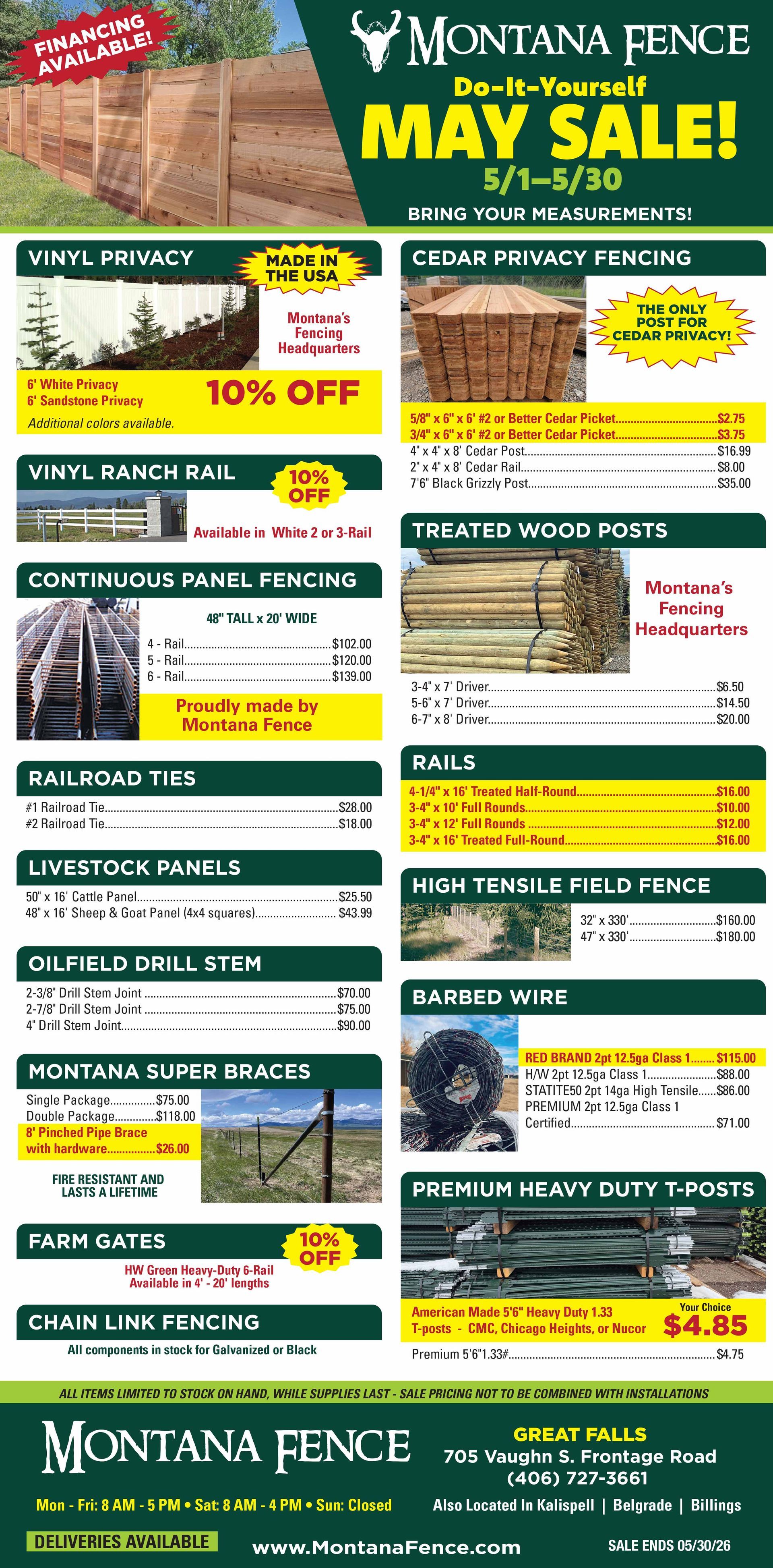 Montana Fence May sale flyer with green and yellow pricing boxes, product photos, and contact details