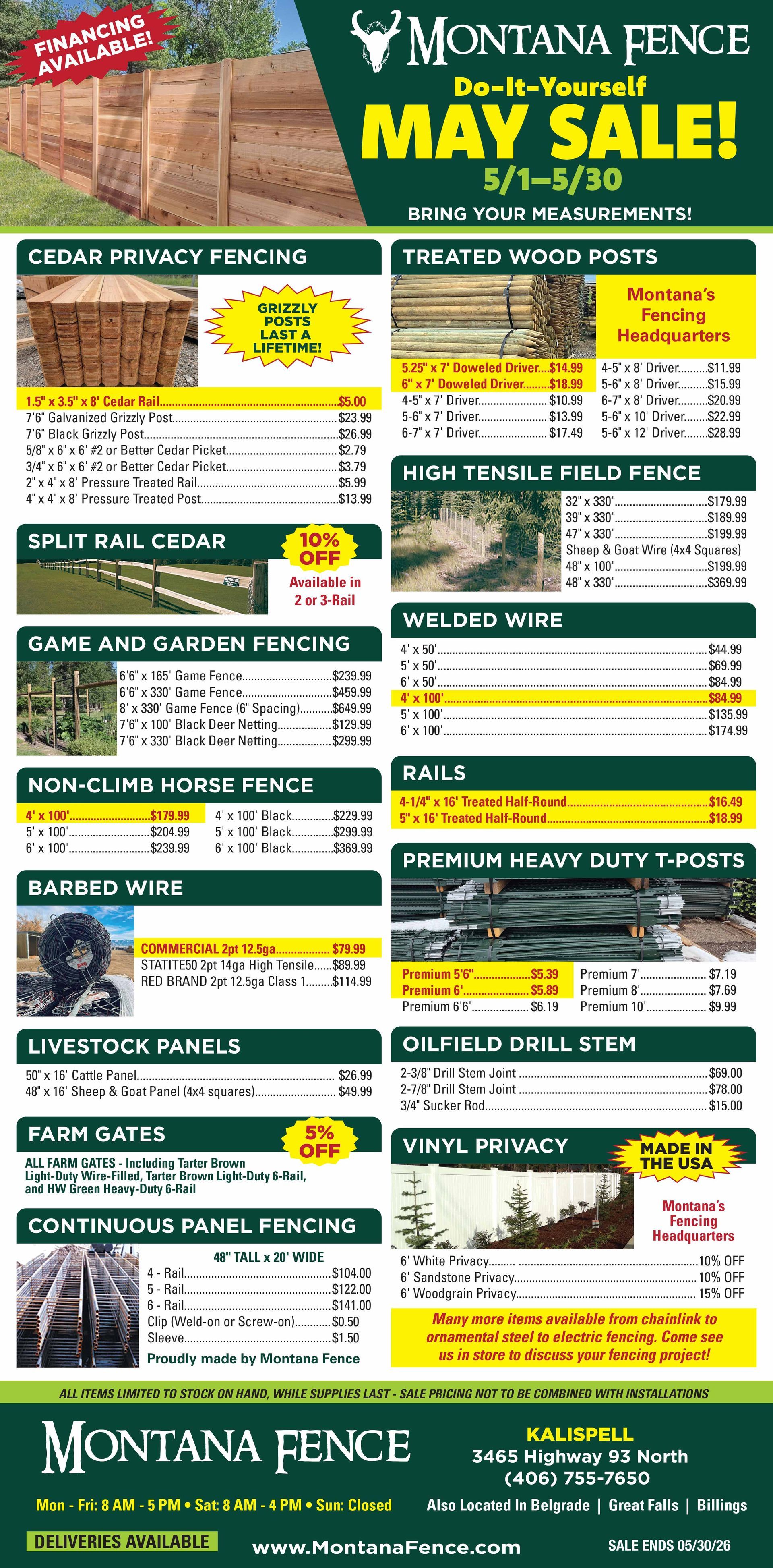 Montana Fence May sale flyer with product photos, prices, and green-yellow promotional layout