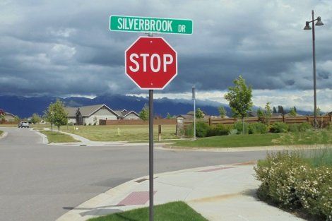 A stop sign in front of a street sign for silverbrook drive