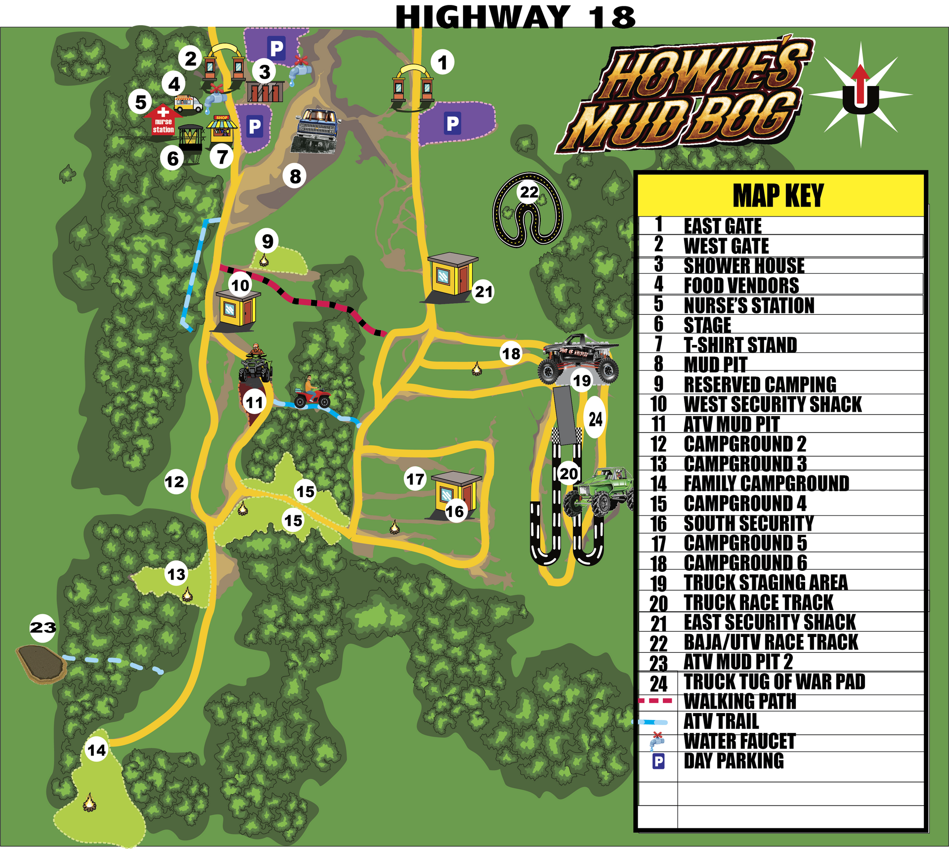 Colorful map of Howe's Hounds off Highway 18 with trails, buildings, and a legend.