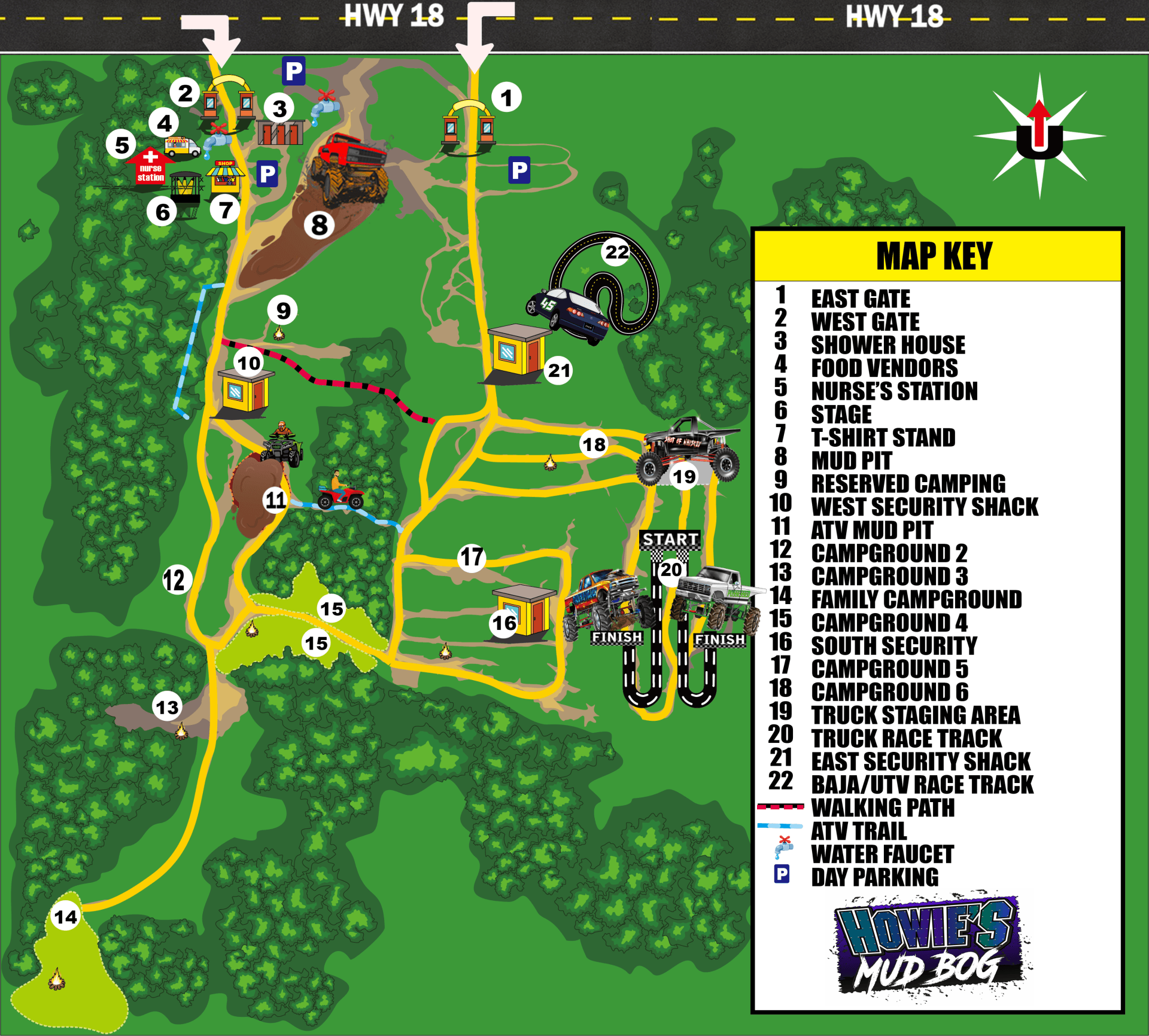 Colorful amusement park map with numbered rides, paths, and a “Map Key” legend on the right.