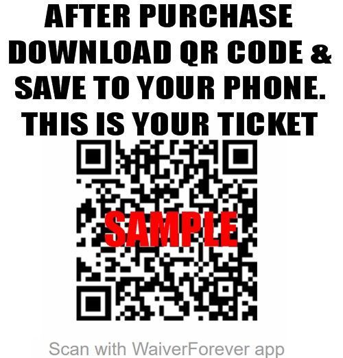 Ticket with QR code and “SAMPLE” label, plus text: “After purchase download QR code & save to your phone.”