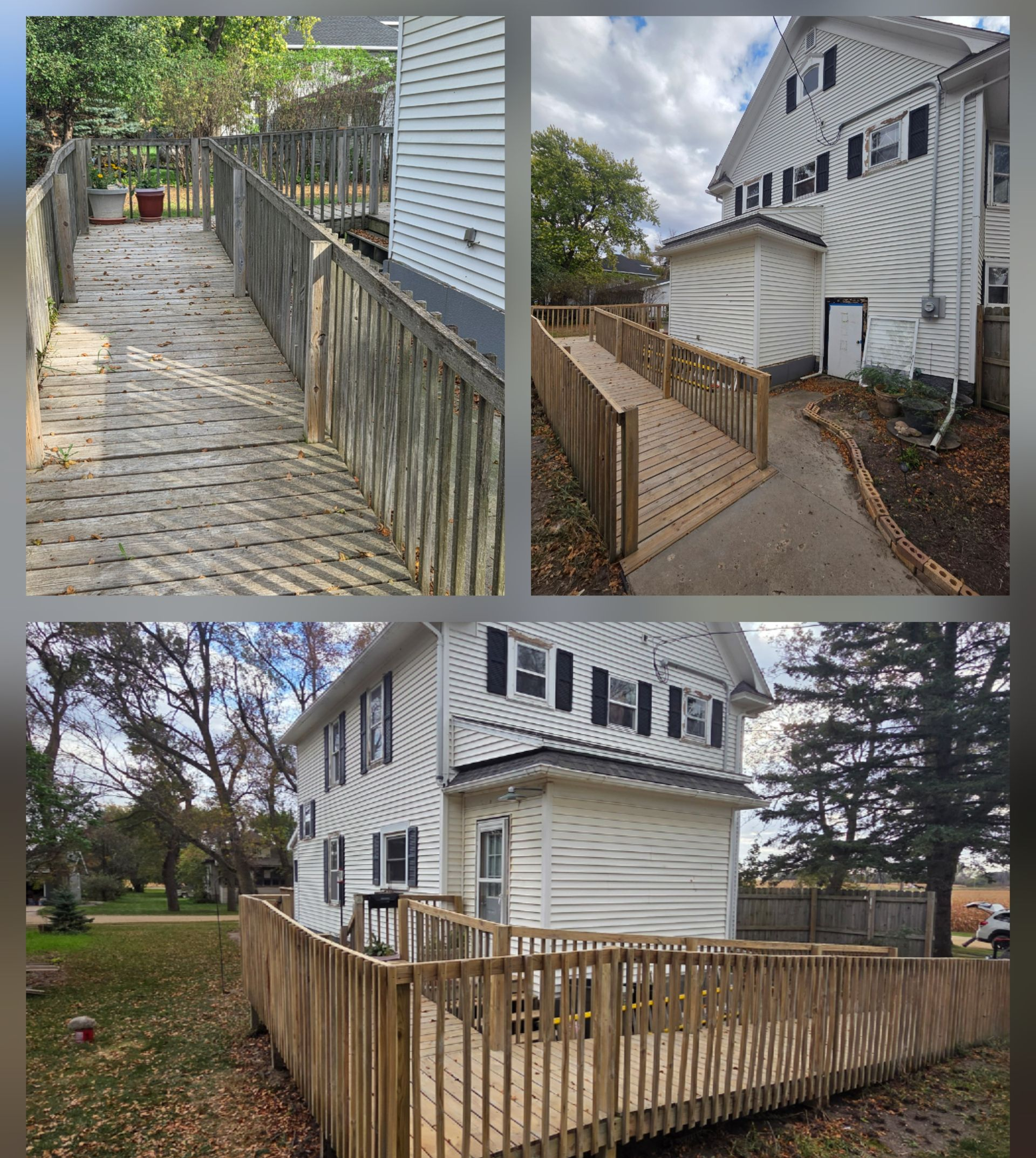 Three views of a house with wooden wheelchair ramps and a fenced walkway leading to entrances