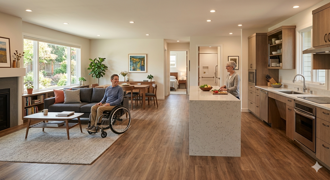 Open-plan kitchen and living room with a person in a wheelchair near the window.