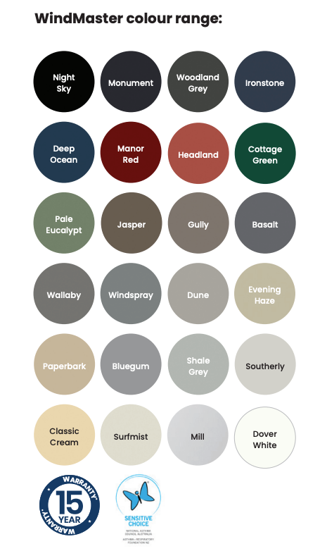 WindMaster colour range: 24 circular colour swatches, labelled with names like
