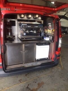 A Red Van with A Coffee Machine in The Back of It — R&M Sheetmetal Nowra Metal Roofing in South Nowra, NSW