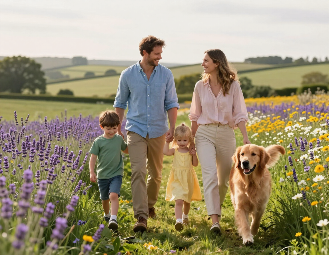 Family and dog walking in meadow