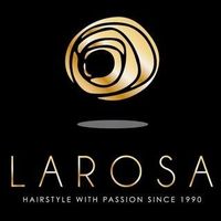 Logo del salone di parrucchiere Larosa, oro su nero, simbolo di rosa stilizzata sopra il testo "LAROSA" e lo slogan.
