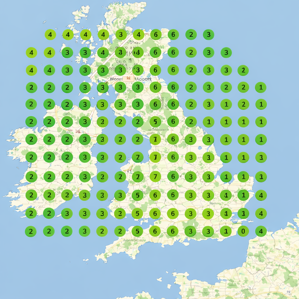 Map with numbered green circles overlaying a city, indicating density or count.
