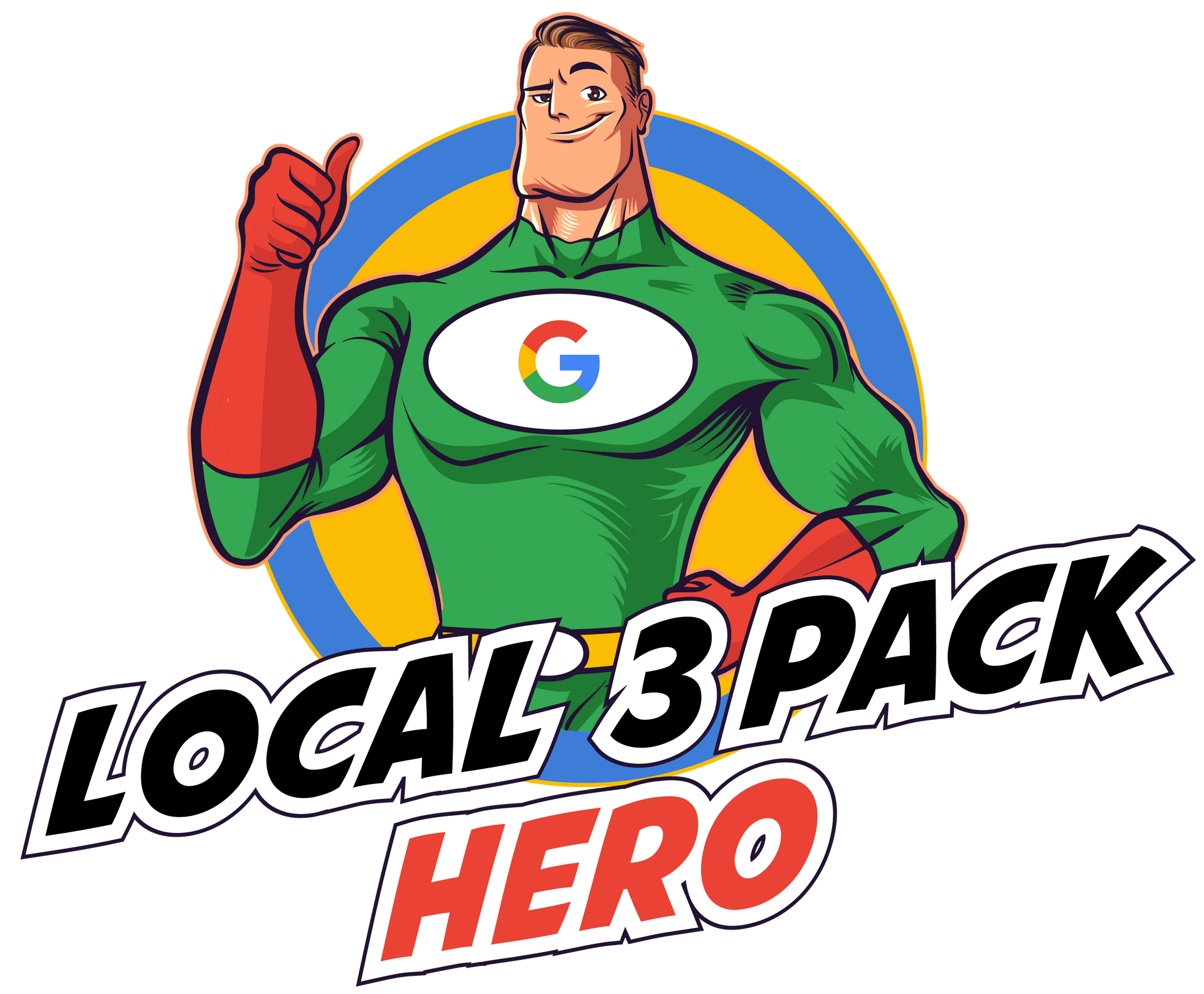 Superhero with Google logo on chest, giving thumbs up. 