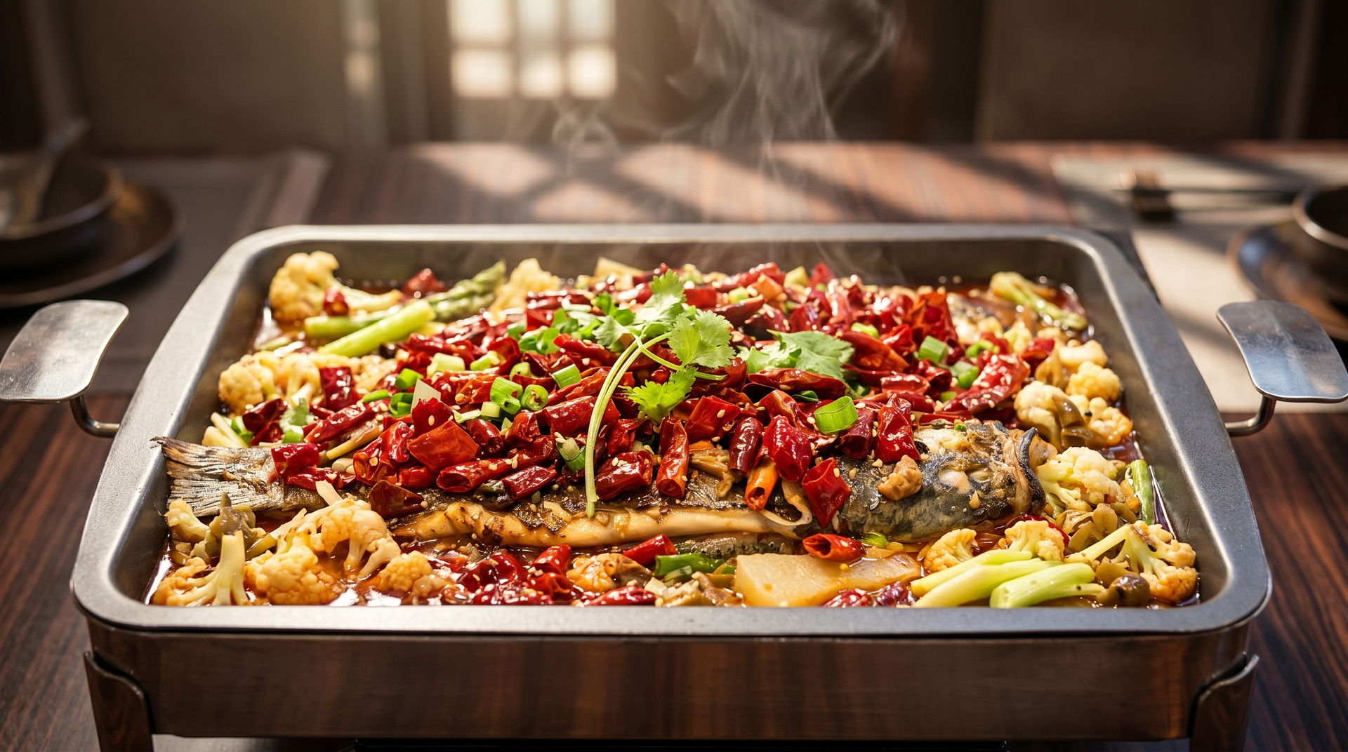 Buffet tray of roasted vegetables and diced red topping on a dining table, warmly lit