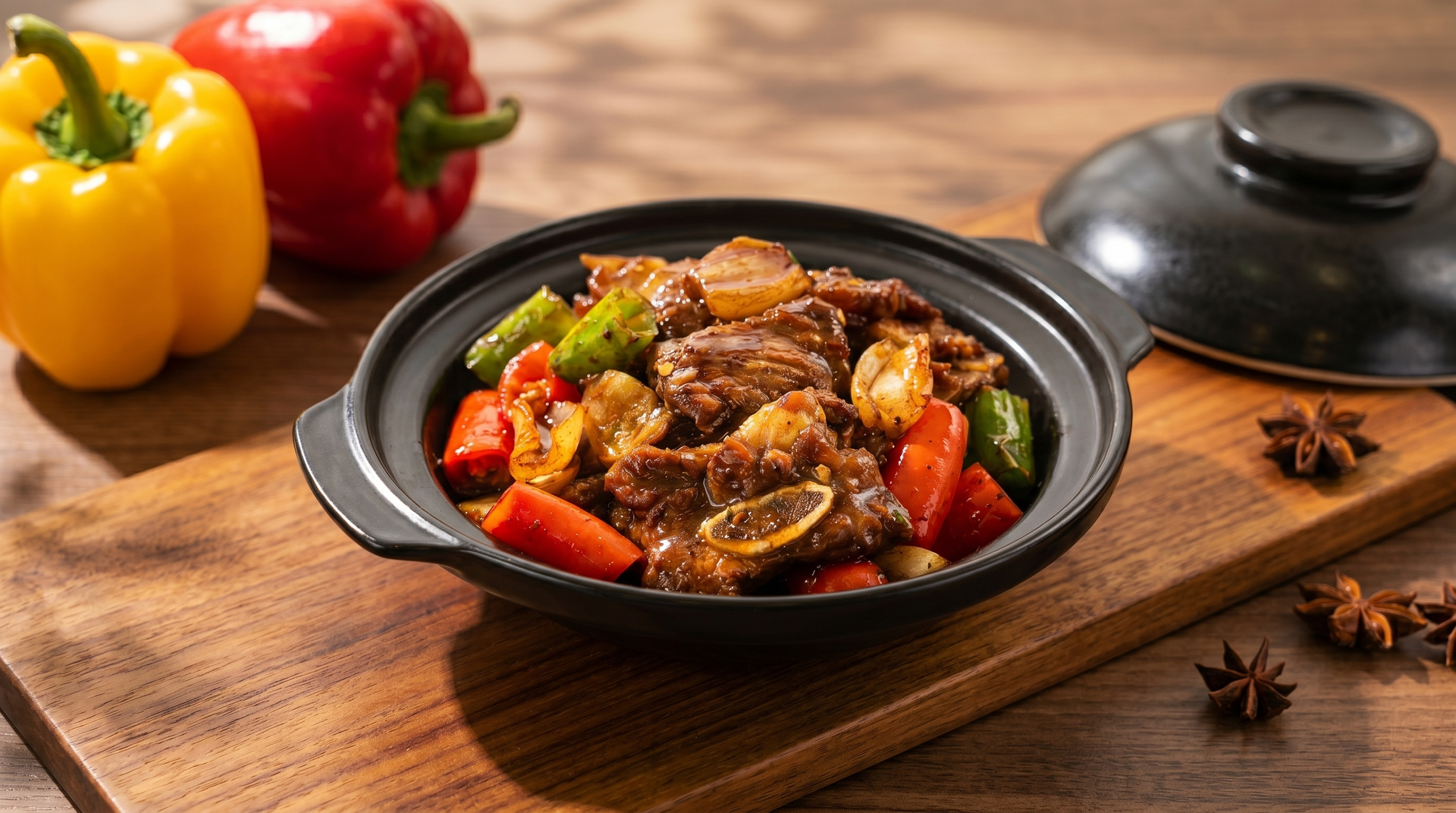 A bowl of vegetable stew on a wooden board with bell peppers and spices рядом on a rustic table