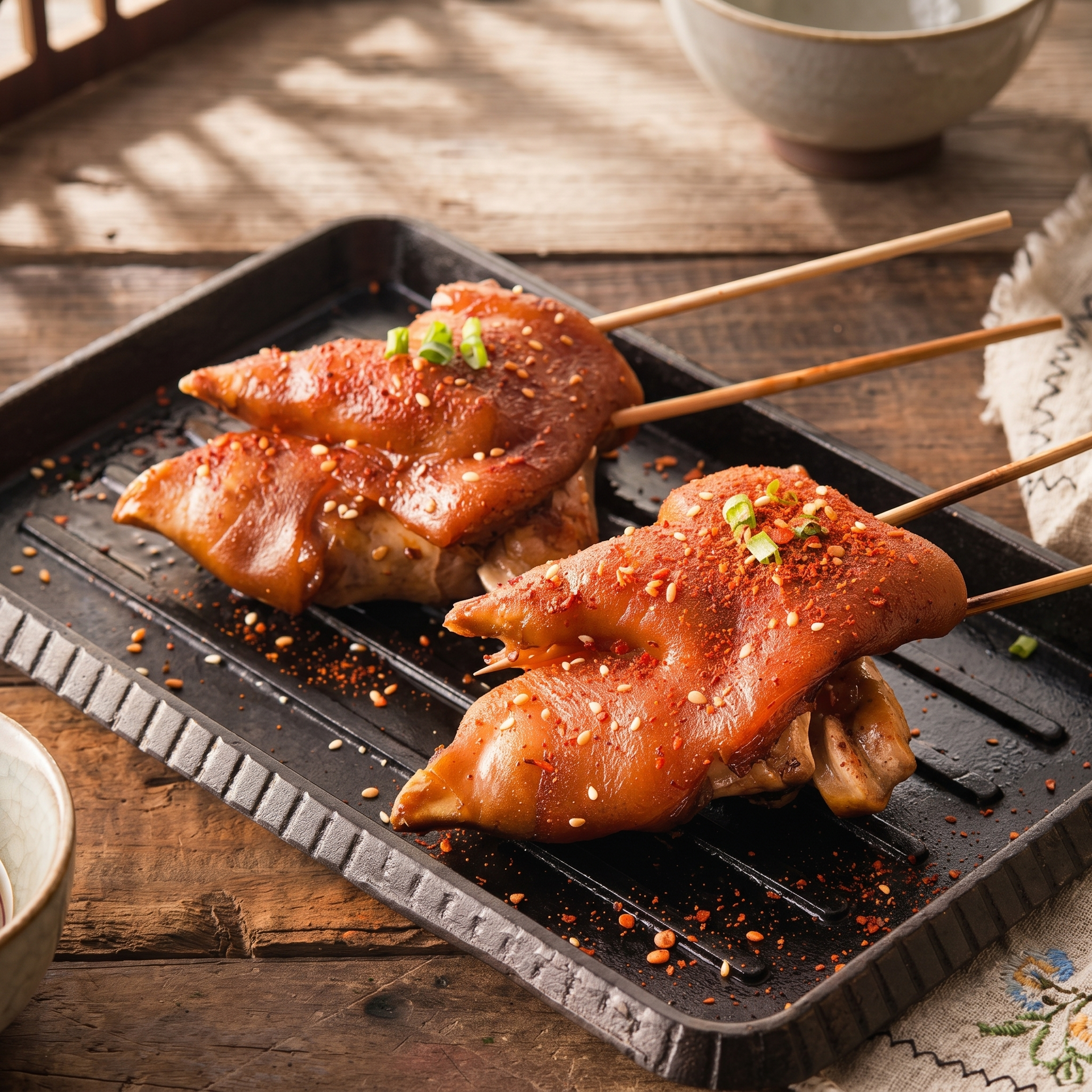 Two glazed grilled chicken skewers on a black tray with sesame seeds and chopped herbs