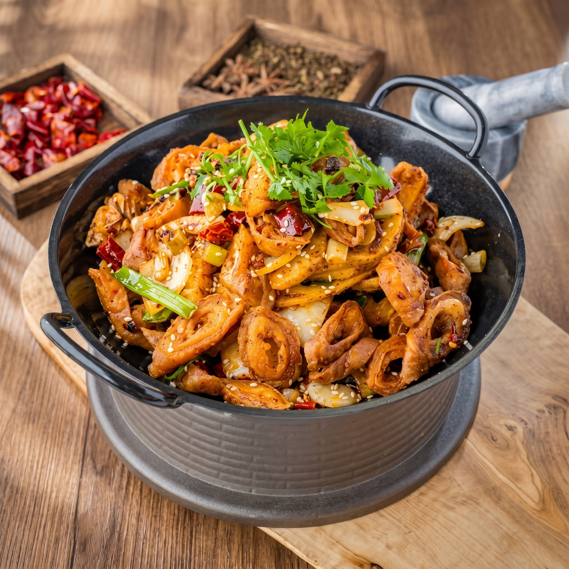 Skillet of spicy stir-fried chicken and vegetables garnished with herbs on a wooden table