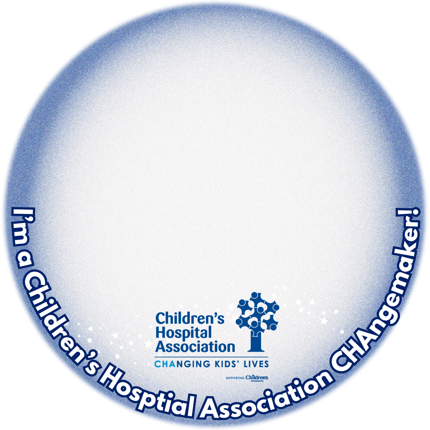 Circular profile picture frame of a faded blue edge with stars and the Children's Hospital Association logo at the bottom above the words 