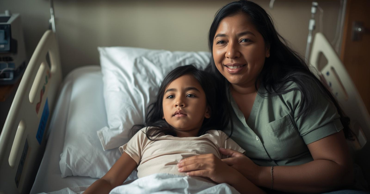 Minnesota Mother sits beside young child in hospital bed, offering comfort during a pediatric health