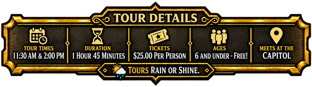 Black-and-gold tour details banner with icons and dates for a “Tours Run on Shine” event itinerary.