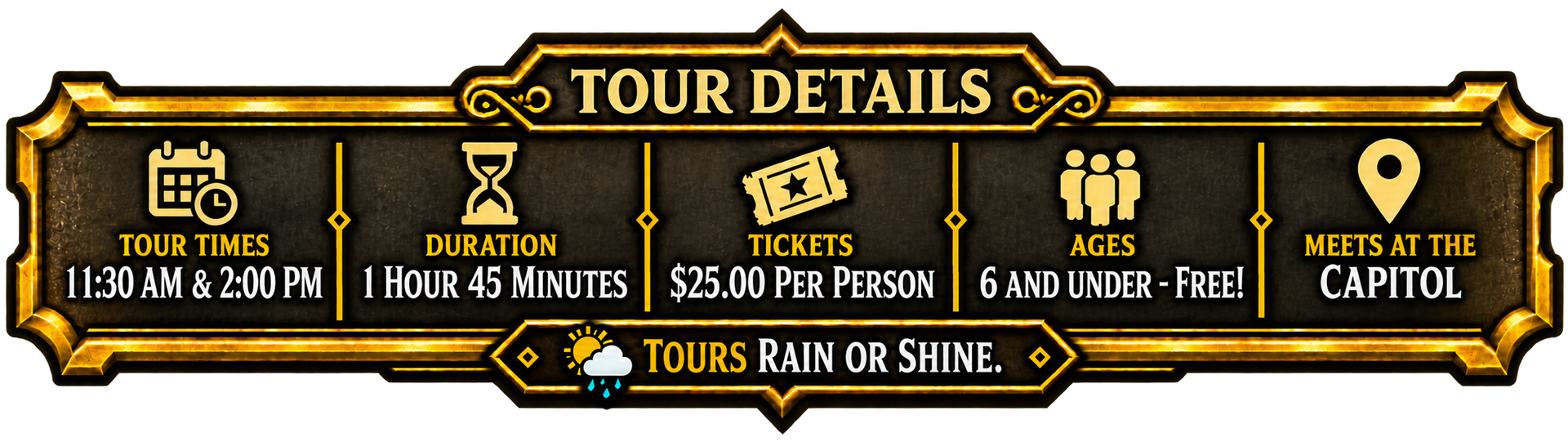 Black-and-gold tour details banner with icons and dates for a “Tours Run on Shine” event itinerary.