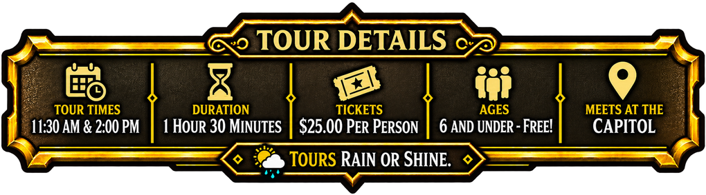 Black-and-gold tour details banner with icons and dates for a “Tours Run on Shine” event itinerary.