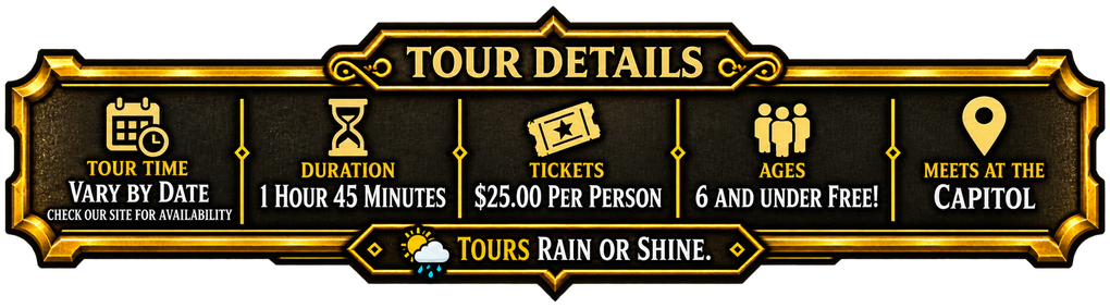Gold-and-black tour details banner listing dates, prices, hotel, and Capitol visit with a “Tours” label.
