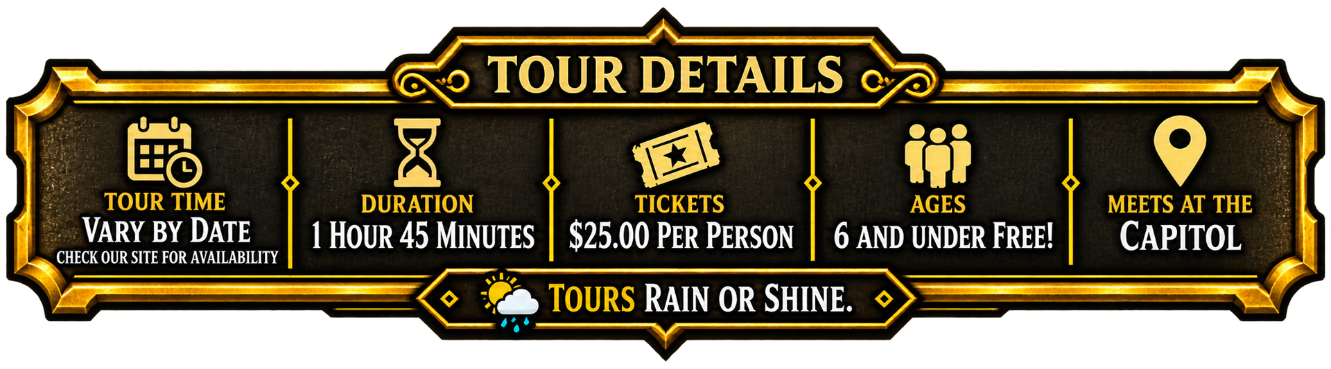 Gold-and-black tour details banner listing dates, prices, hotel, and Capitol visit with a “Tours” label.
