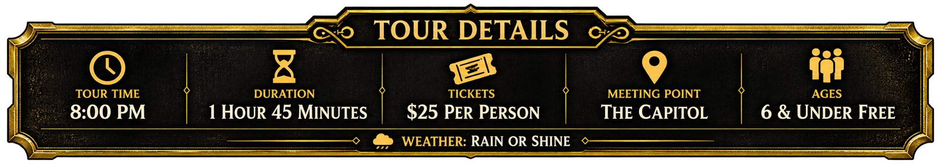 Game UI “Tour Details” banner with gold text and icons on a dark background.