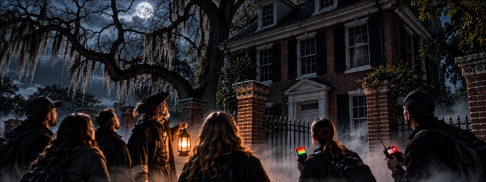 People in a dark courtyard holding lanterns before a large brick house at night