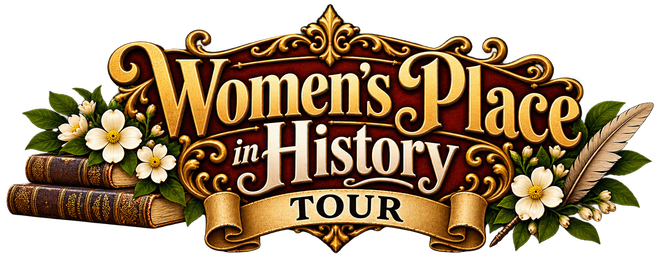 Women's Place in History Tour logo with ornate gold text, flowers, and ribbon banner
