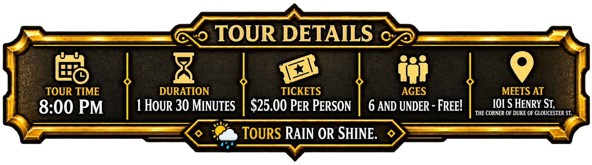 Gold-and-black tour details banner listing dates, prices, hotel, and Capitol visit with a “Tours” label.