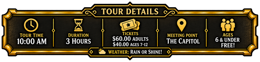 Tour details banner with time, duration, meeting point, destination, and free-entry icons on a black and gold sign