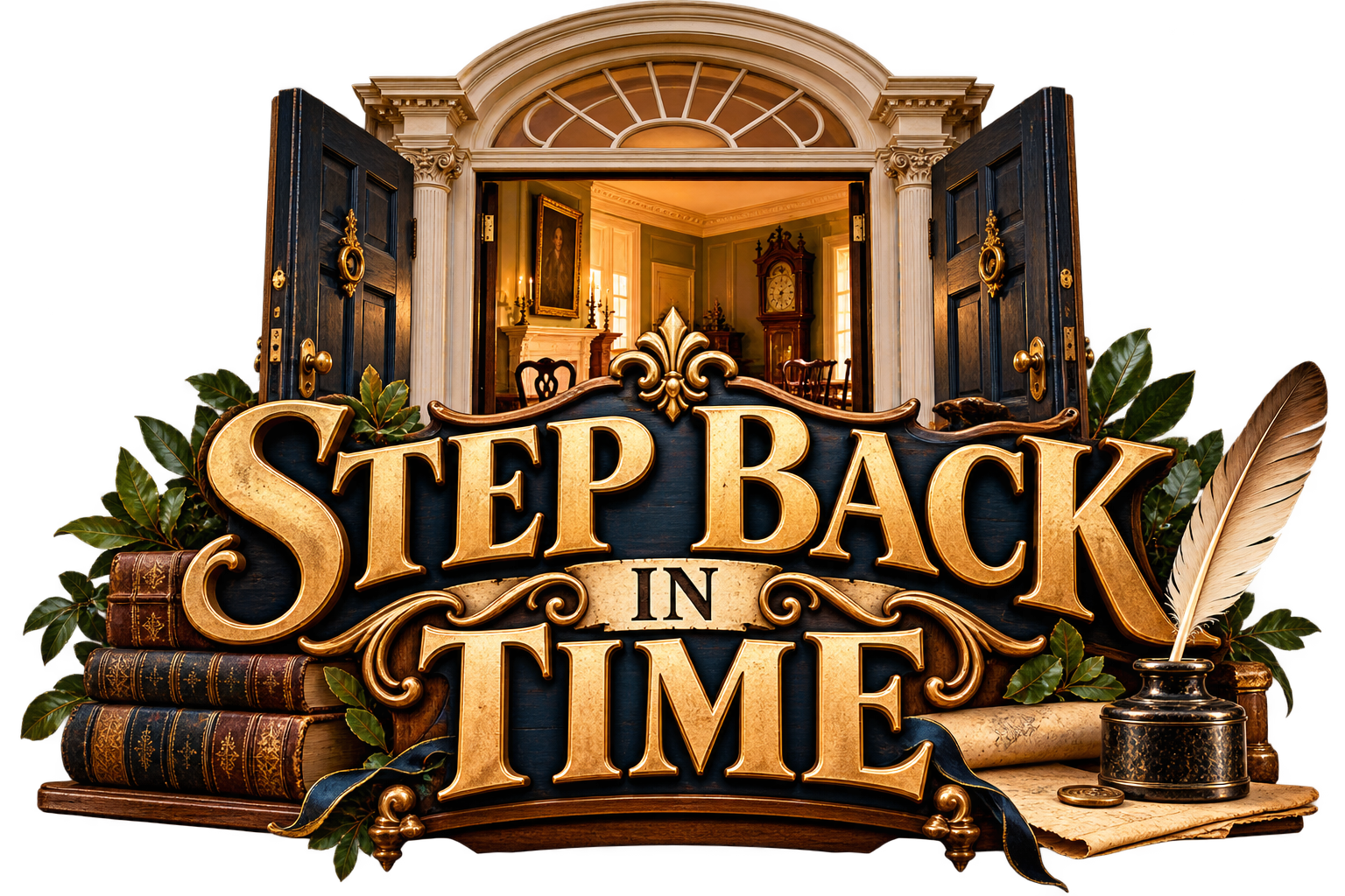 Vintage-style logo reading “Step Back in Time” over an open doorway with antique decor and books