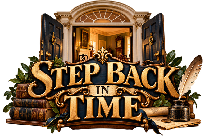 Vintage-style logo reading “Step Back in Time” over an open doorway with antique decor and books