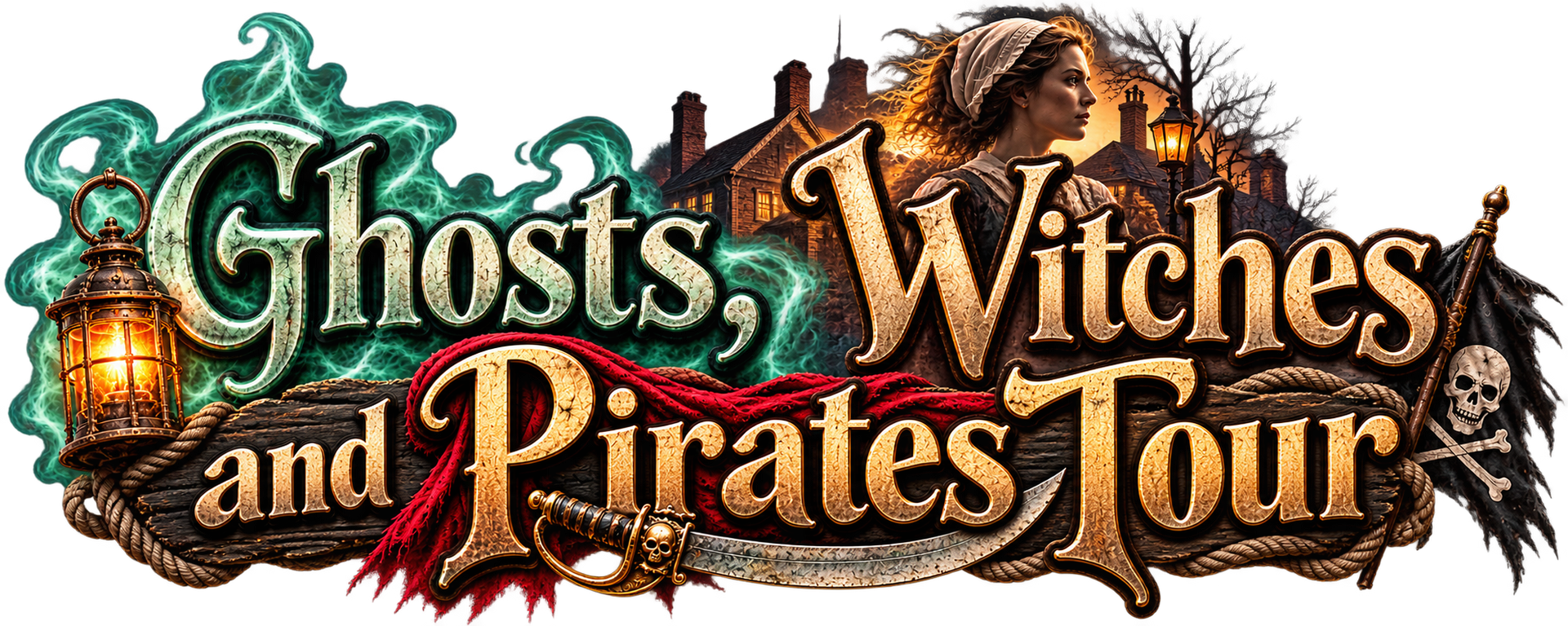 Ghosts, Witches and Pirates Tour logo with ornate gothic text and spooky Halloween-style art