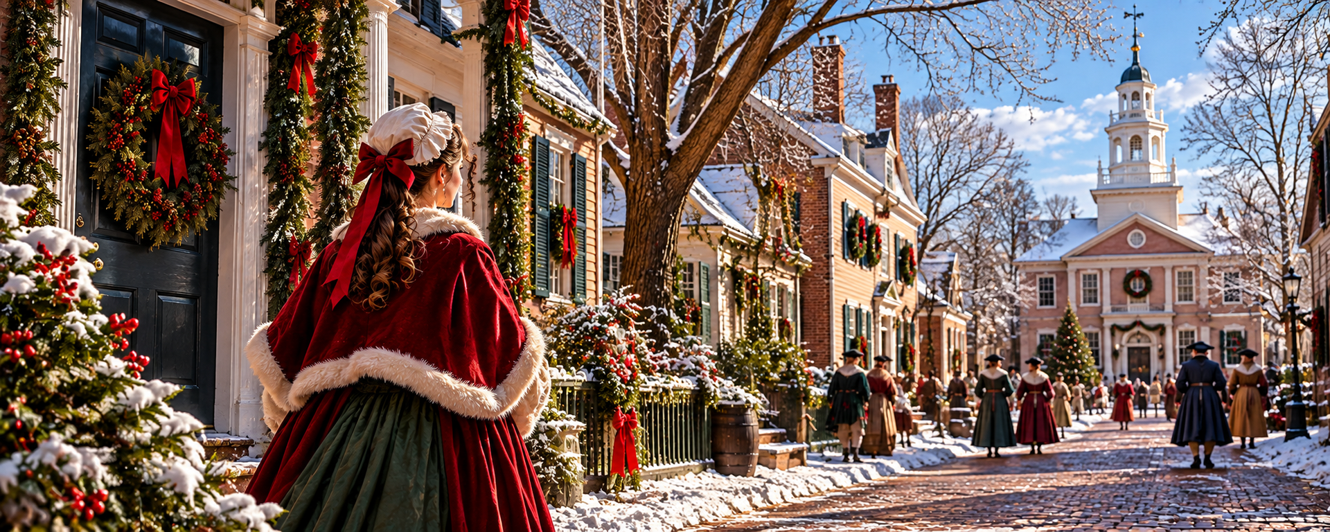 Festive village street with holiday garlands, a woman in a red cape, and a church under a blue sky