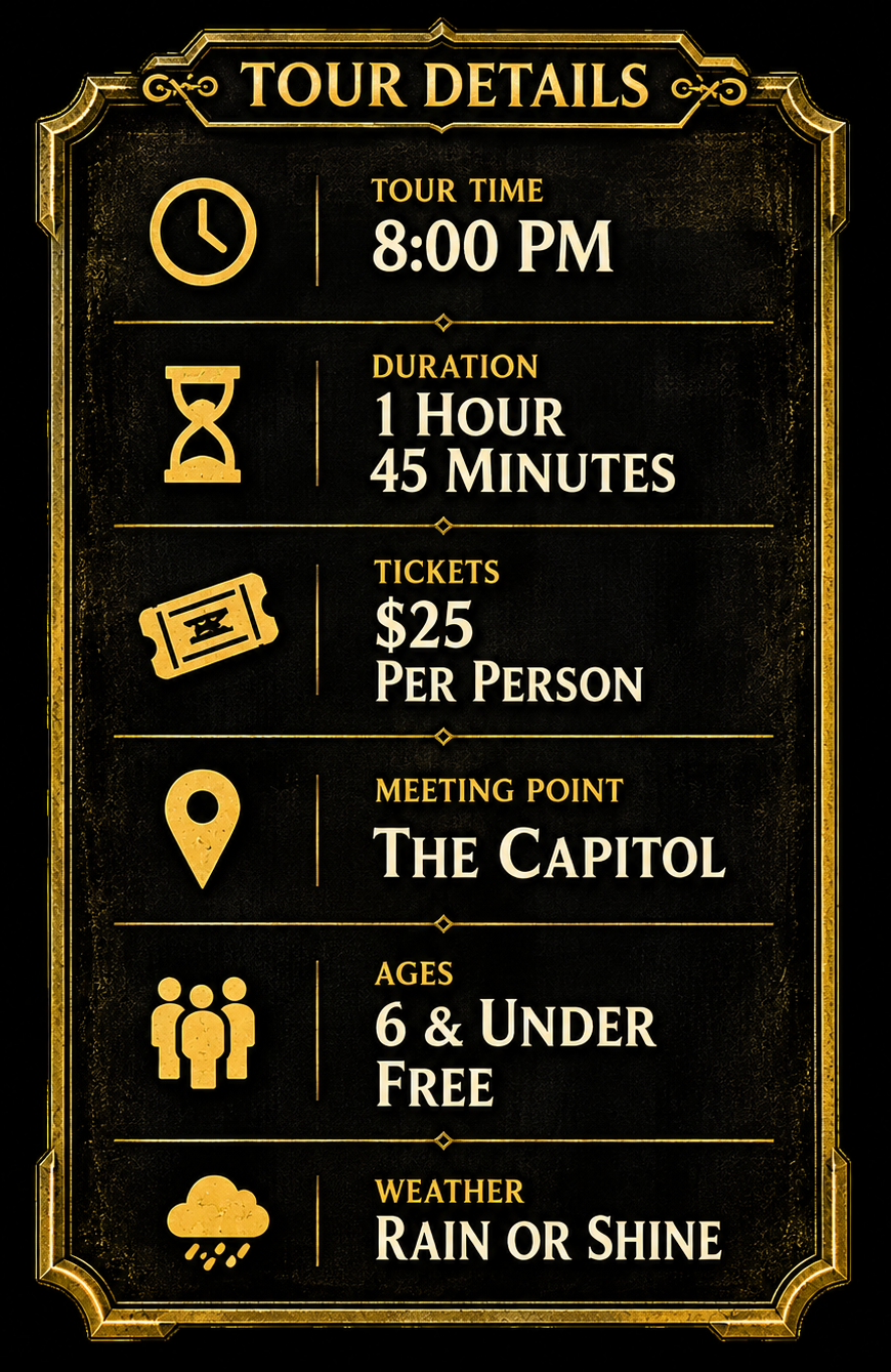 Tour details poster with black and gold design listing time, duration, price, meeting point, age, and weather.