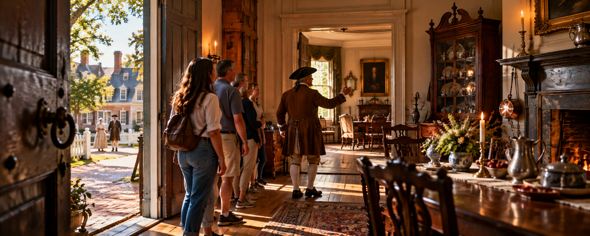 People walking through a sunlit ornate hallway with mirrors, chandeliers, and a marble floor