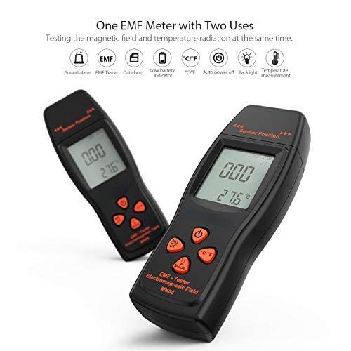 Two black EMF meters with digital displays, showing readings.