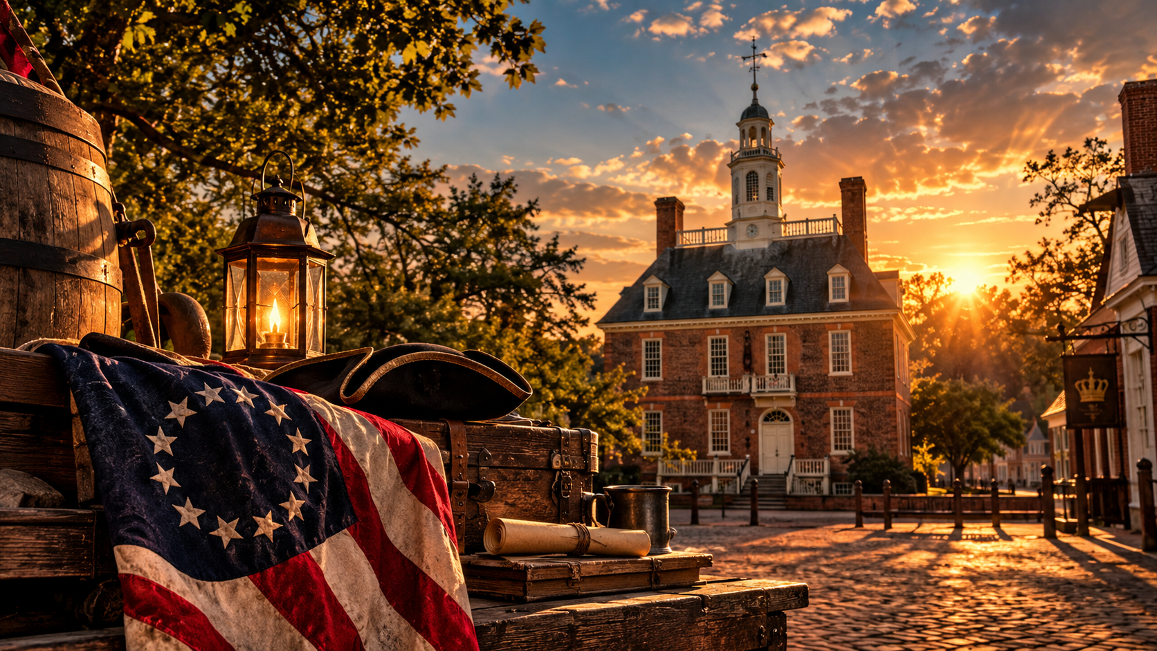 American flag draped over a bench at sunset in front of a brick historic building on a cobblestone street