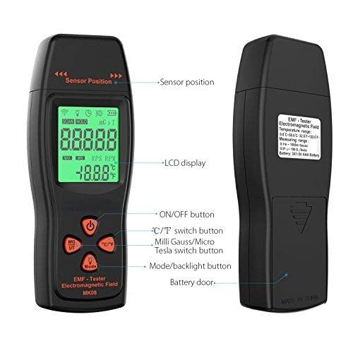 A black EMF meter with an LCD screen displaying readings and buttons. The back panel has a description label.