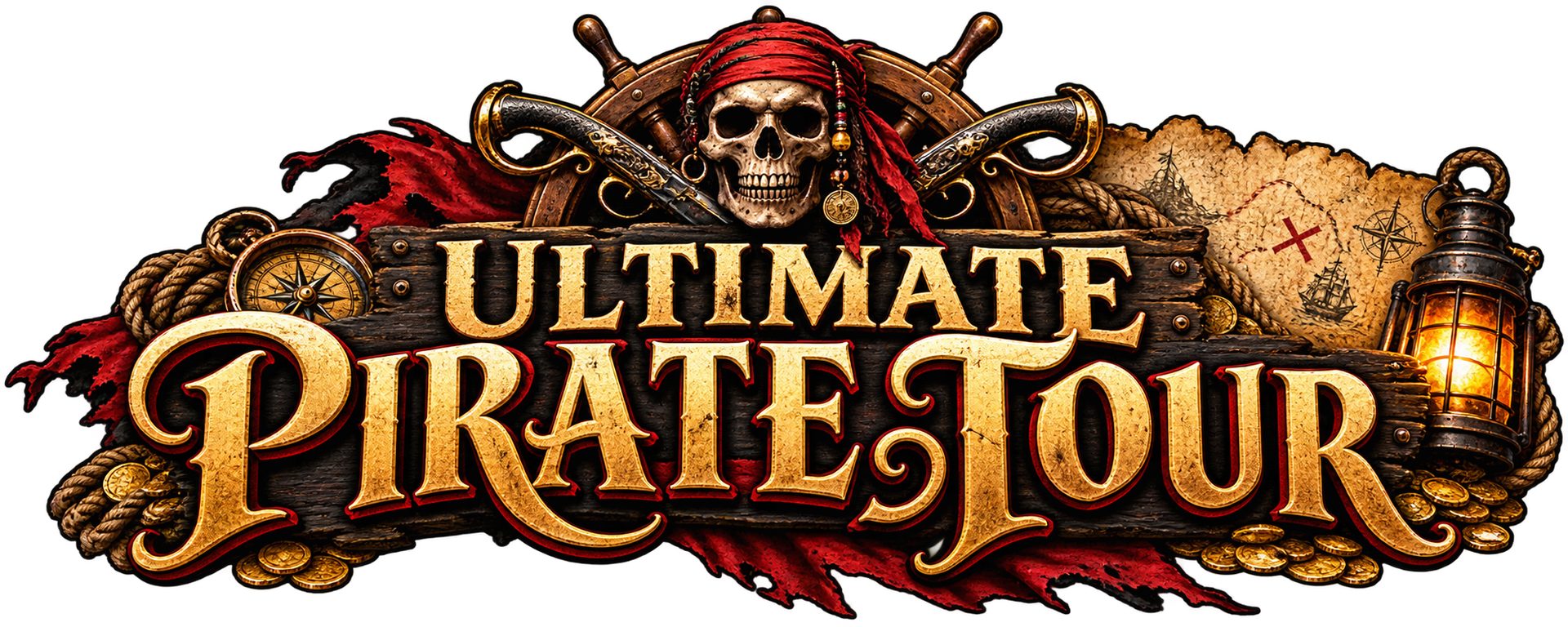 Pirate-themed logo reading “Ultimate Pirate Tour” with a skull, ship wheel, and treasure map accents
