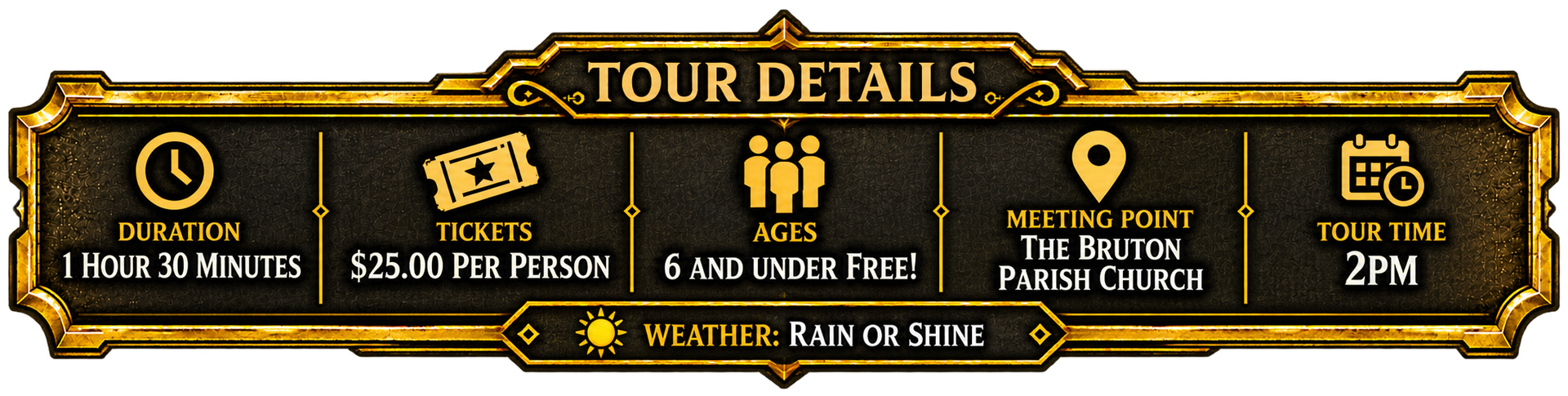 Dark gold Tour Details banner listing 4 world finals dates, times, and locations with icons and yellow text.